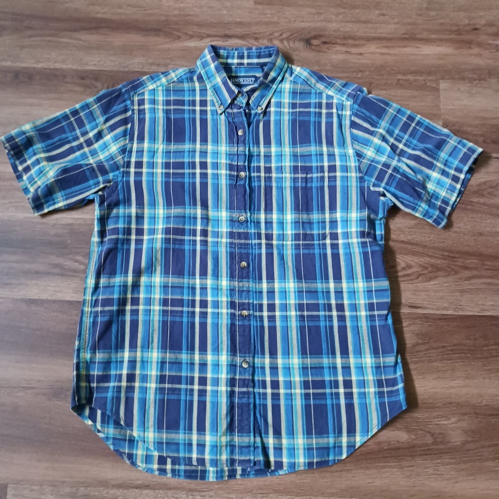 Lands End Womens Blue Yellow Plaid Cotton Short Sleeve Button Down Shirt M 10-12